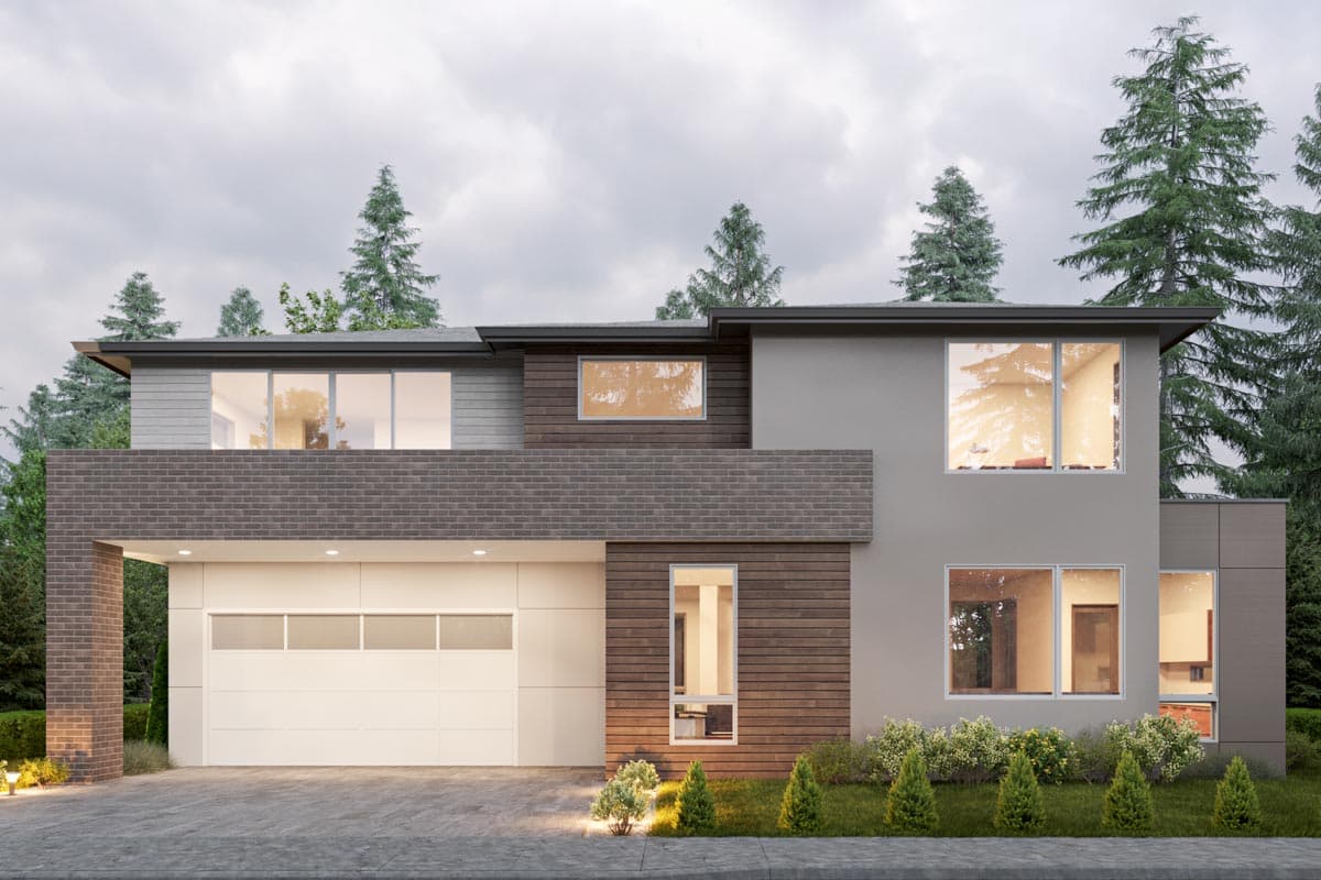 Modern house plan exterior with two stories. Features include a flat roof, a covered porch, and a two-car garage. Exterior uses brick and wood siding.