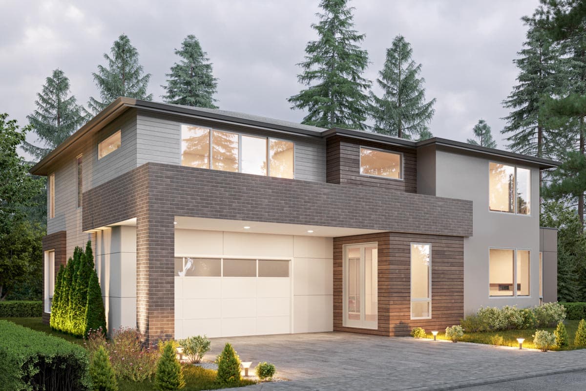 Modern house plan exterior with two stories, brick and wood siding, large windows, and an attached garage.