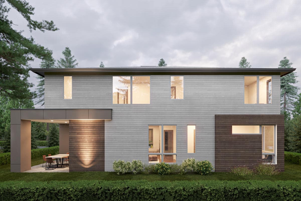 House plan exterior, two stories, modern style, with covered patio, horizontal siding, and multiple large windows.