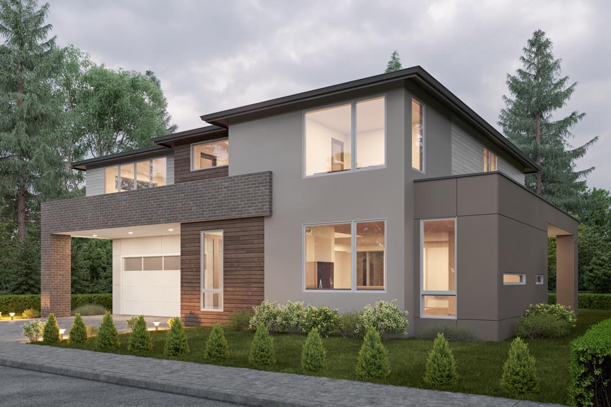 Modern two-story house plan exterior with attached garage, large windows, and mixed material facade of stucco, wood, and brick.