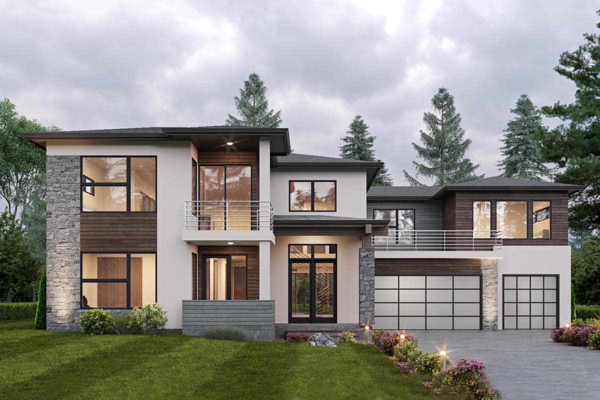 Modern house plan exterior with stone and wood accents, two stories, balconies, and a large glass garage door.