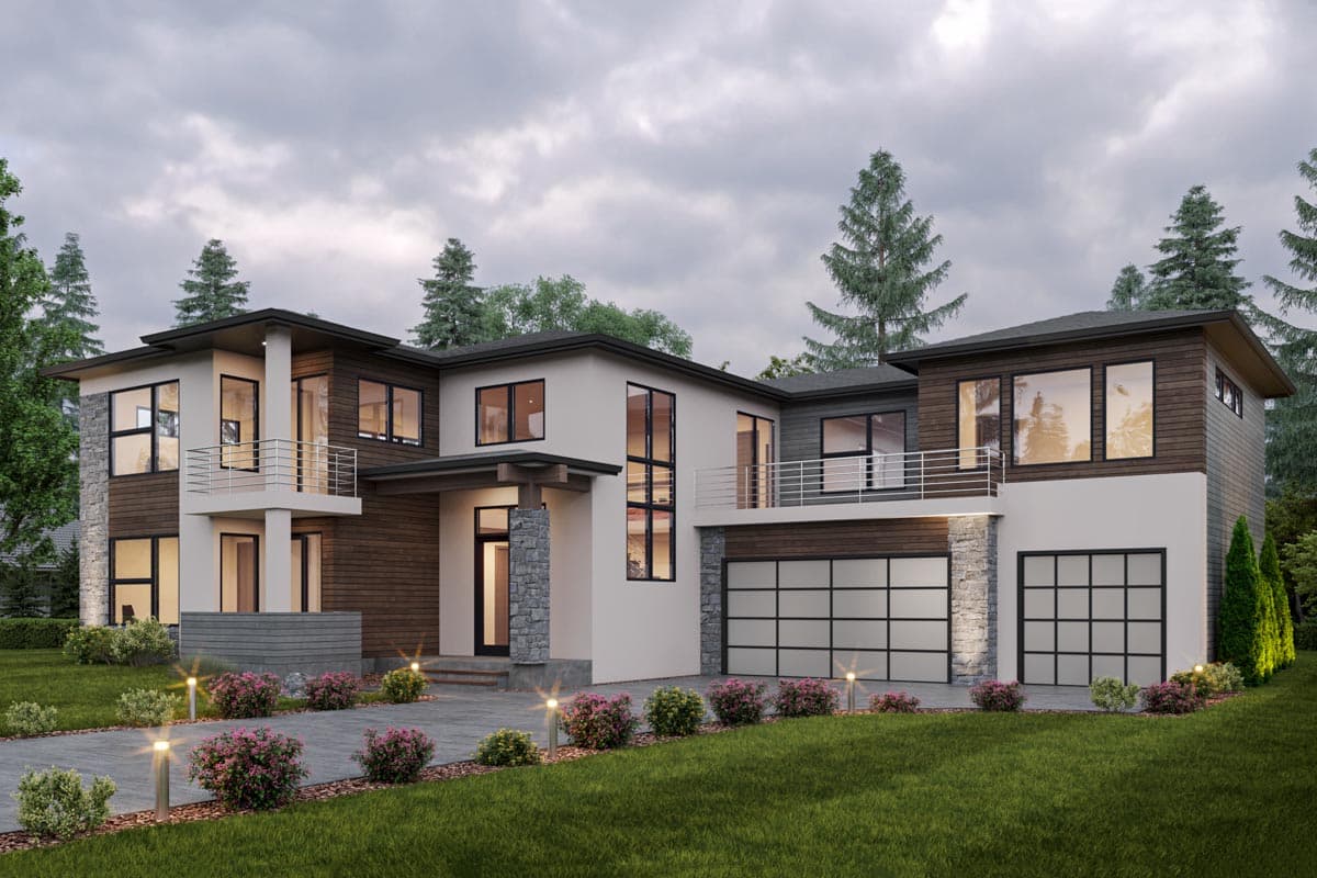 House plan exterior. Modern style, two-story home with flat roof, balconies, and an attached two-car garage. Features stone accents and wood siding.