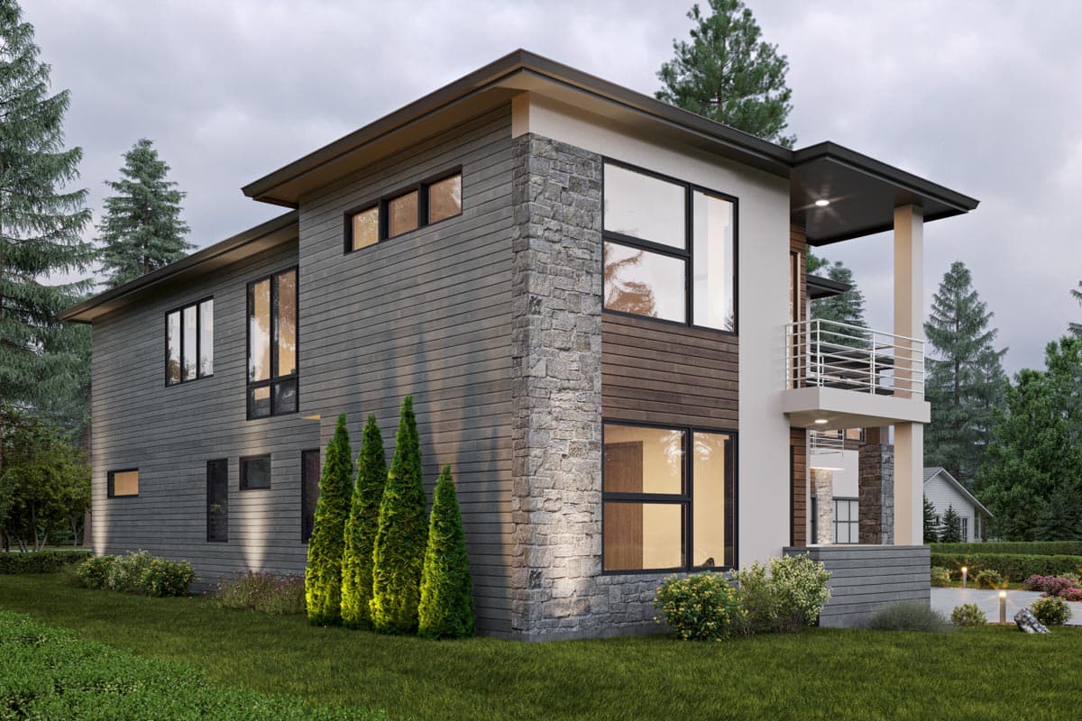 Two-story modern house plan exterior with stacked stone accents, horizontal siding, large windows, and a second-story balcony.