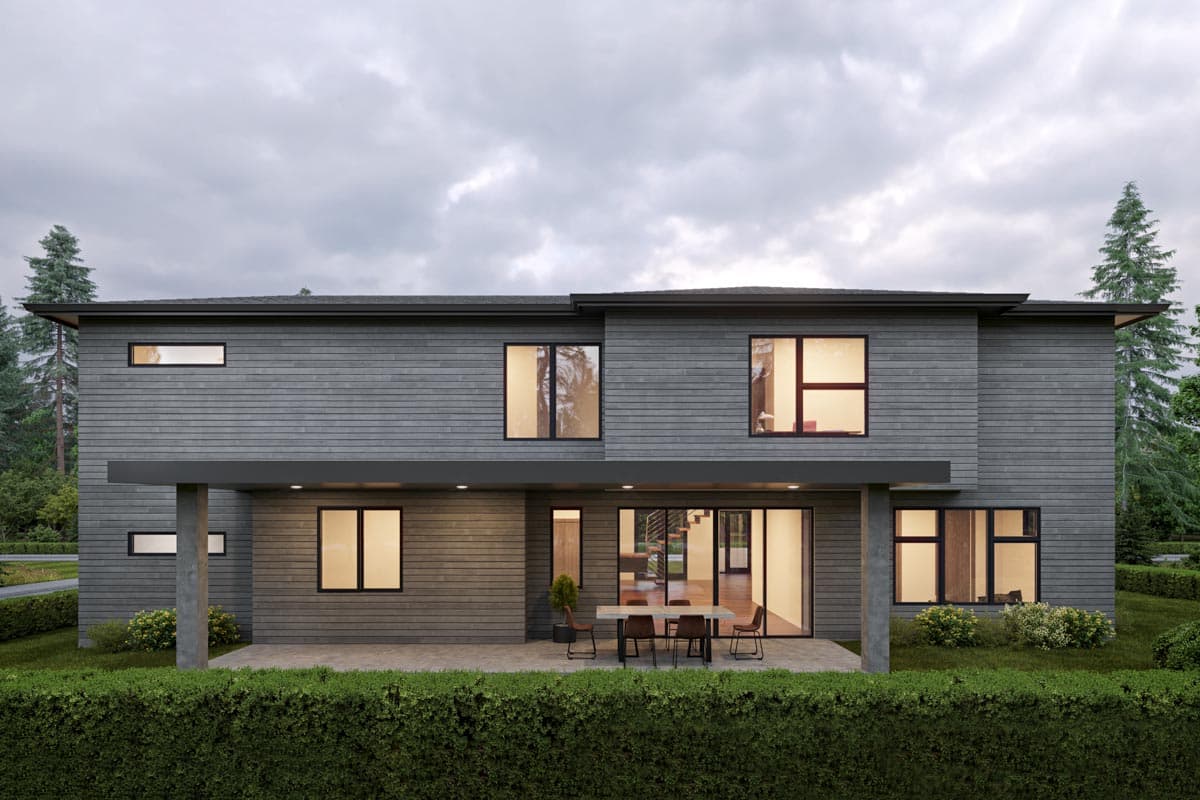 Modern two-story house plan exterior with horizontal siding, covered patio, and large windows.