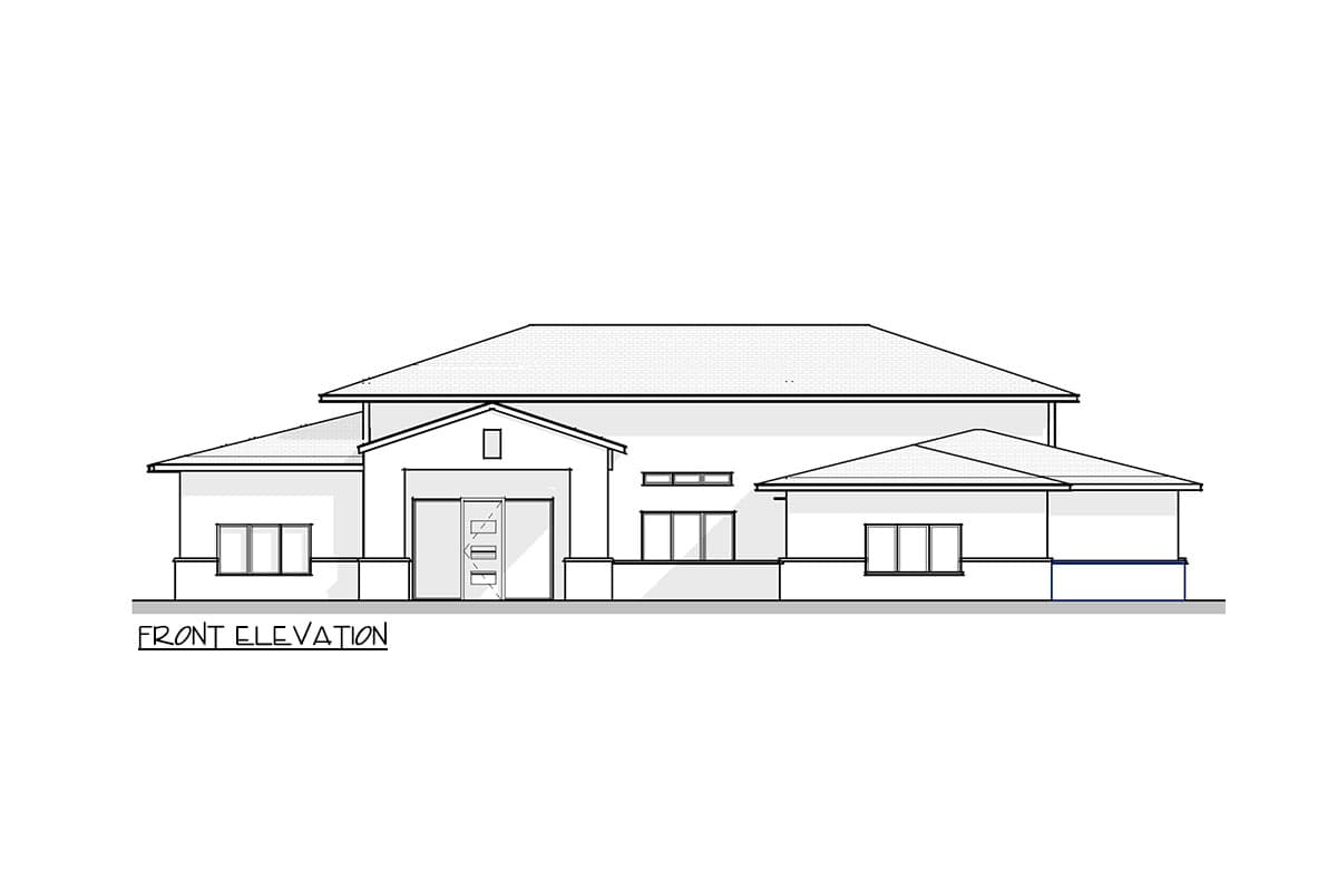 Front elevation drawing of a single-story house with a prominent gable over the entrance, multiple windows, and a hip roof.