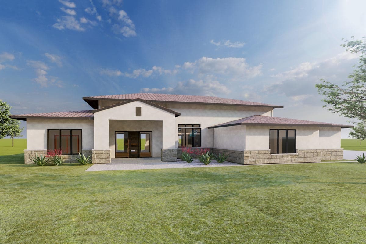 House plan exterior. One-story contemporary design with a flat roof, stone base, and multiple windows. Features a covered entry and patio.