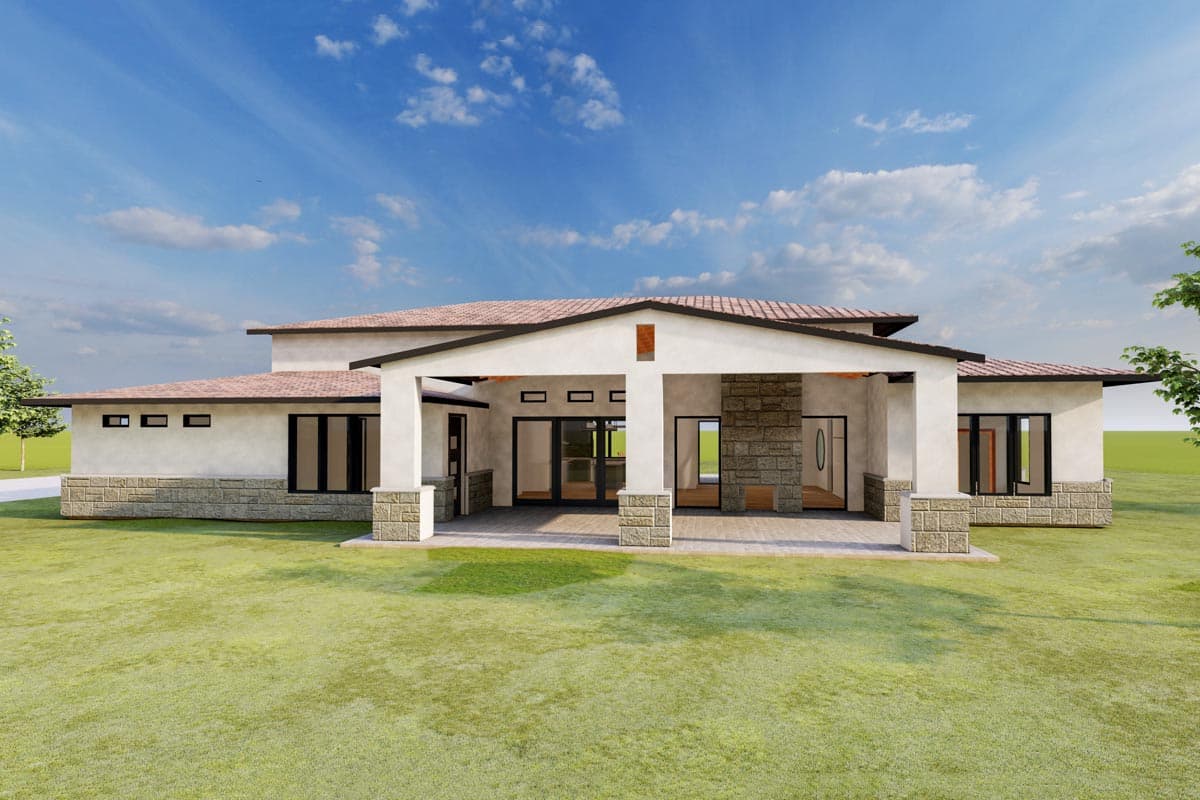 House plan exterior: one-story modern design with covered patio, stone accents, and tile roof.