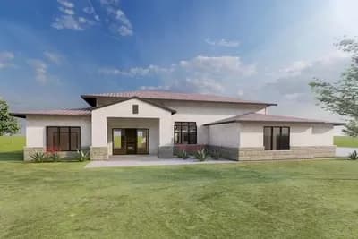 2430 Square Foot Stucco and Stone House Plan with Split Bedroom Layout