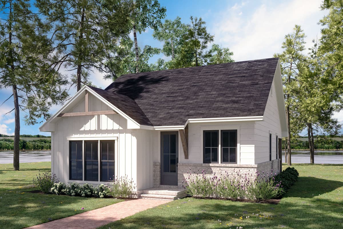 House plan exterior. One-story farmhouse style with a gabled roof, brick foundation, and large windows. Includes a covered front entrance.