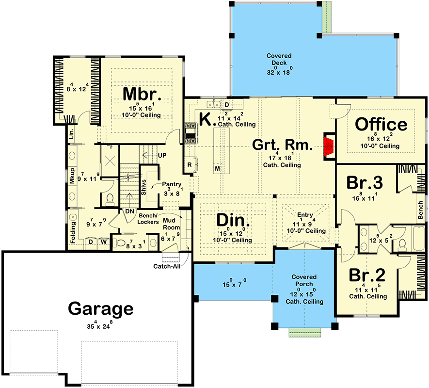 Plan 623252DJ: 3-Bed Modern Farmhouse Plan with Home Office and Large Rear Porch - 2412 Sq Ft - Floor Plan - Main Level - Country, Craftsman, Modern Farmhouse, New American, Ranch