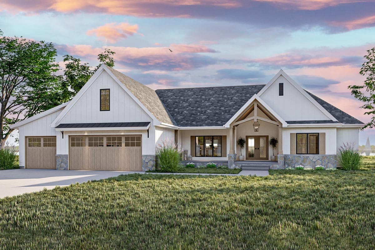 House plan exterior featuring a Modern Farmhouse style with a gable roof, covered porch, and a three-car garage.