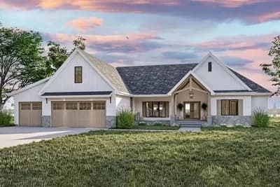 3-Bed Modern Farmhouse Plan with Home Office and Large Rear Porch - 2412 Sq Ft