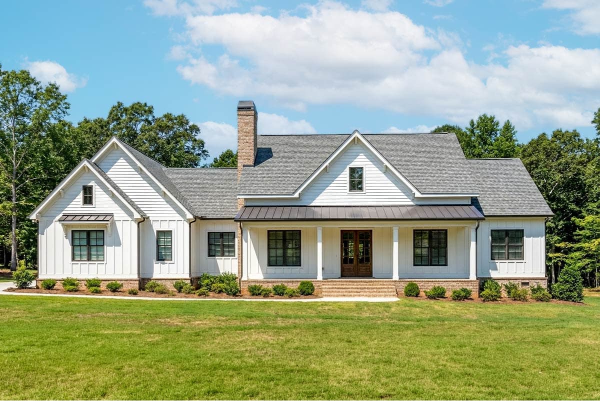 House plan exterior featuring a two-story Modern Farmhouse design. Includes a covered front porch, gabled rooflines, and a brick chimney.