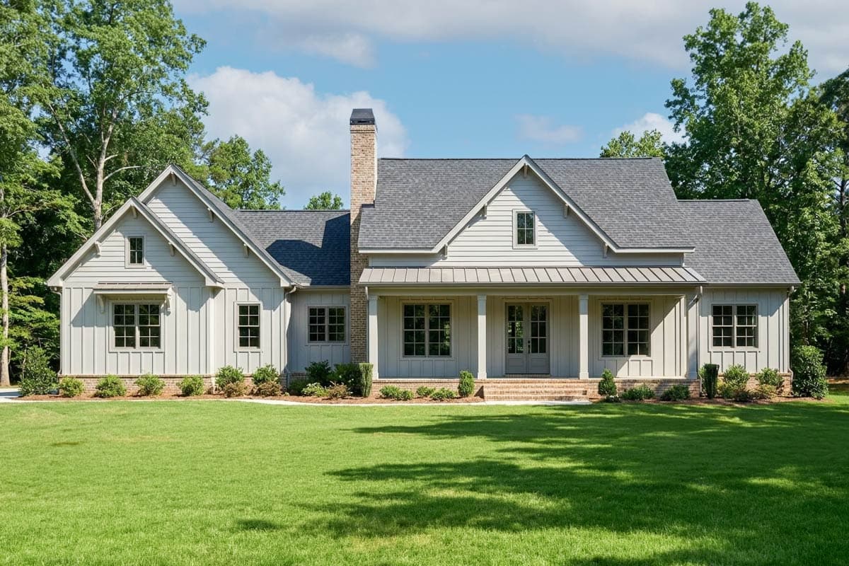 House plan exterior. Modern Farmhouse style, one-story home with gabled roof, covered porch, and brick chimney.