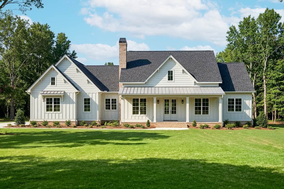 House plan exterior featuring a two-story Modern Farmhouse design. Notable features include a front porch, gabled rooflines, and a brick chimney.