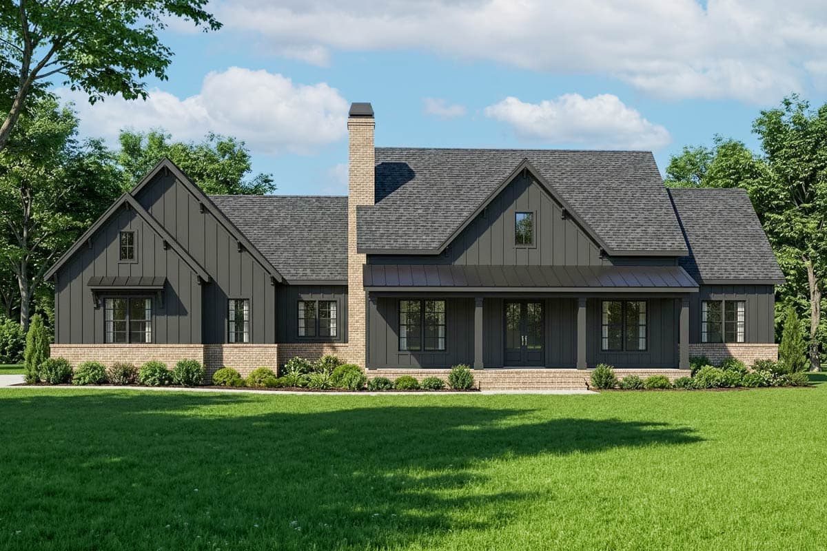 House plan exterior. Modern Farmhouse style with brick base, gabled roof, and covered porch with columns. Features a brick chimney.