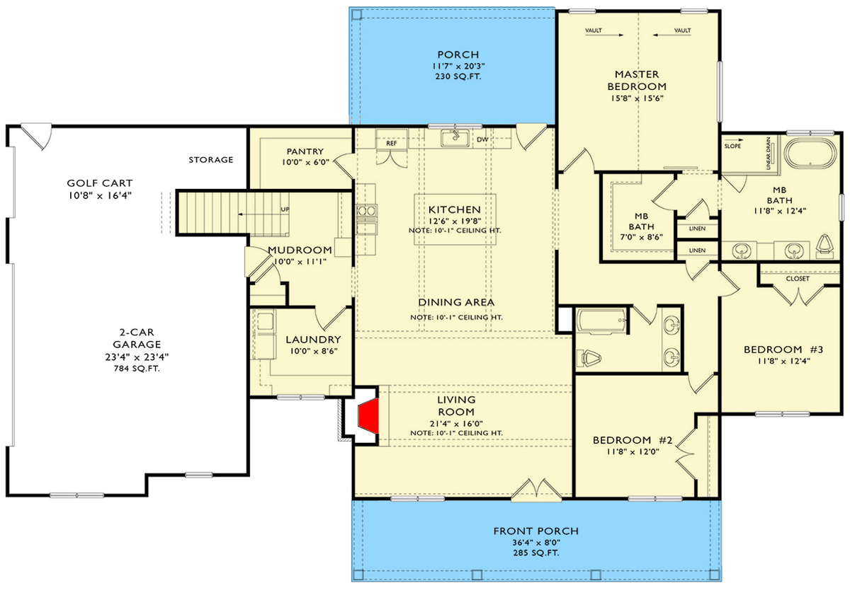 Plan 29921LDG: 3-Bedroom Modern Farmhouse with Bonus Room Over Garage - Floor Plan - Main Level - Country, Craftsman, Farmhouse, Modern Farmhouse, Rustic, Southern