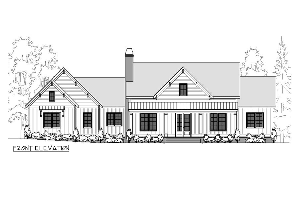House plan exterior, front elevation, featuring Craftsman style with gabled roof, front porch, dormers, and chimney.