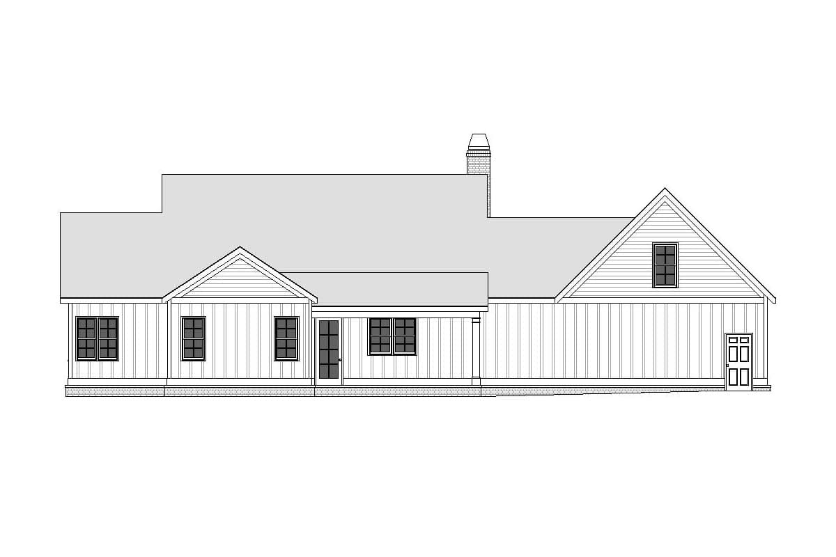House plan exterior with gable roof, single story, and covered porch. Features include a side-entry garage and chimney.