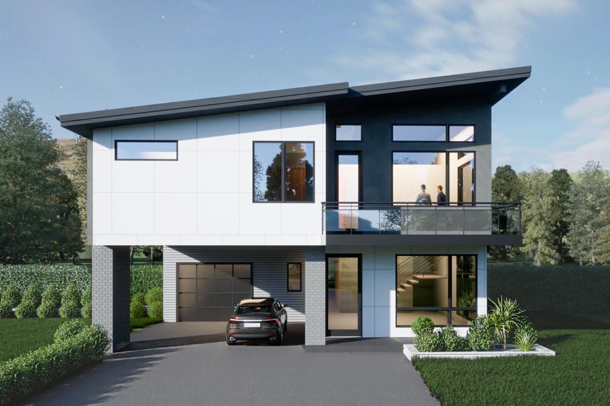 House plan exterior. Two-story modern house with a flat roof, balcony with glass railing, and attached garage. Exterior features rectangular windows.