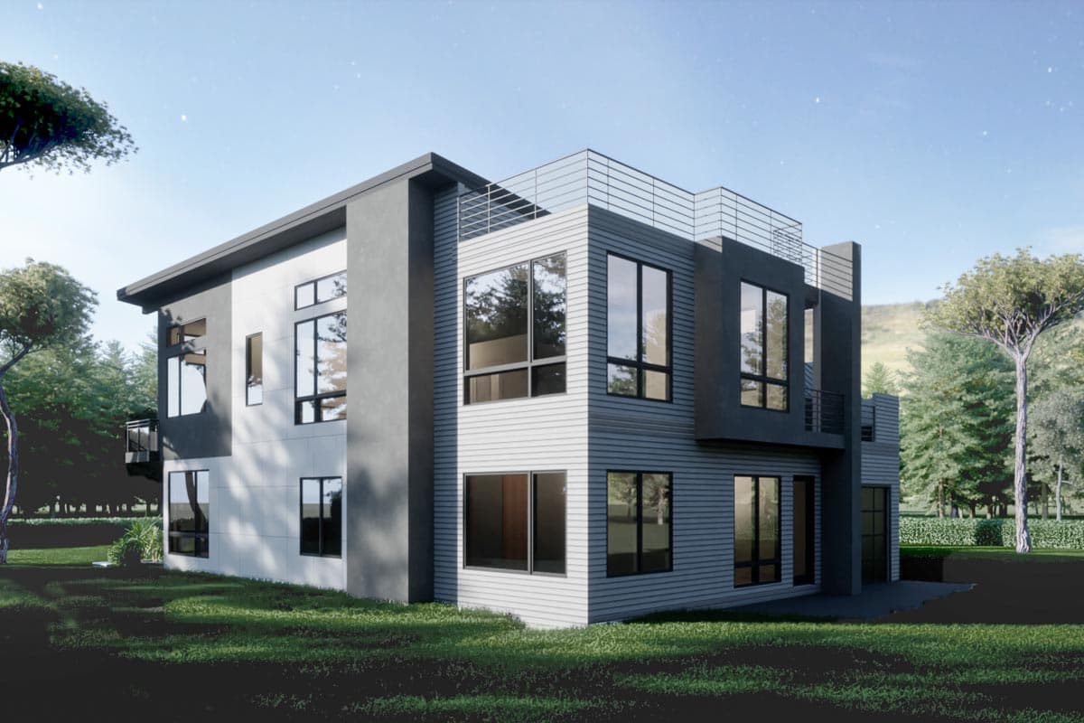 Modern two-story house plan with contrasting facade materials, large windows, flat rooflines, and a rooftop balcony.