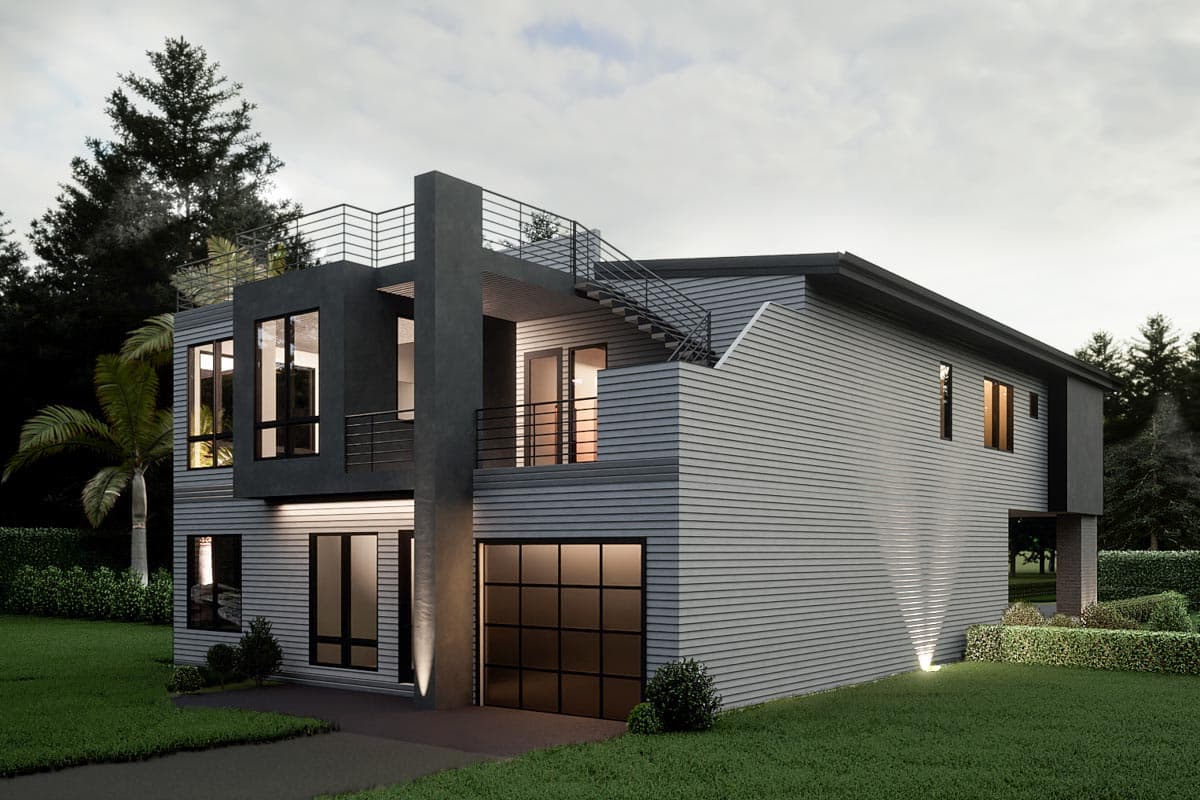 Modern two-story house plan exterior with horizontal siding, large windows, an attached garage, and a rooftop terrace with exterior stairs.