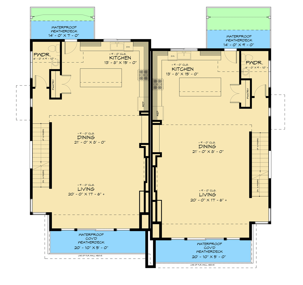 Plan 666215RAF: 3-Story Modern Duplex with Matching 2573 Square Foot 4 Bed Units - Floor Plan - 2nd Floor - Contemporary, Mid Century Modern, Modern