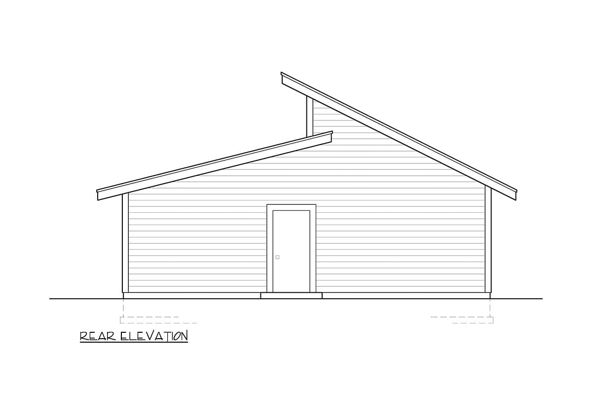 Rear elevation drawing of a house plan featuring horizontal siding and a two-level asymmetric roofline with one hip roof and one gable.
