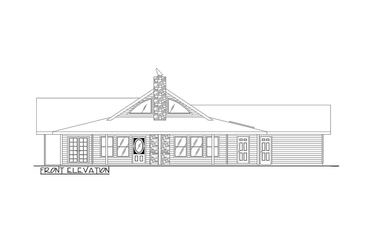 Front elevation drawing of a house plan featuring lap siding, numerous windows, a centered entryway, and gabled dormers.