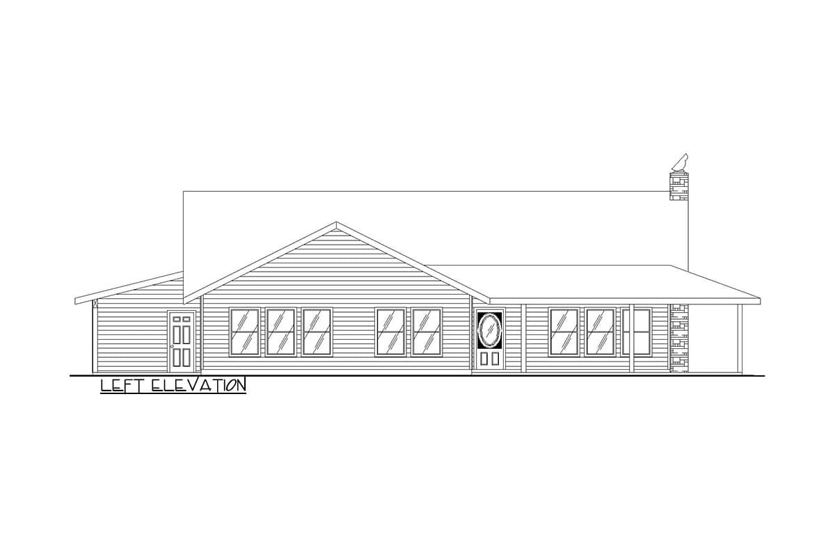 Left side elevation drawing of a single-story house plan with gabled roof, multiple windows, covered porch, and chimney.