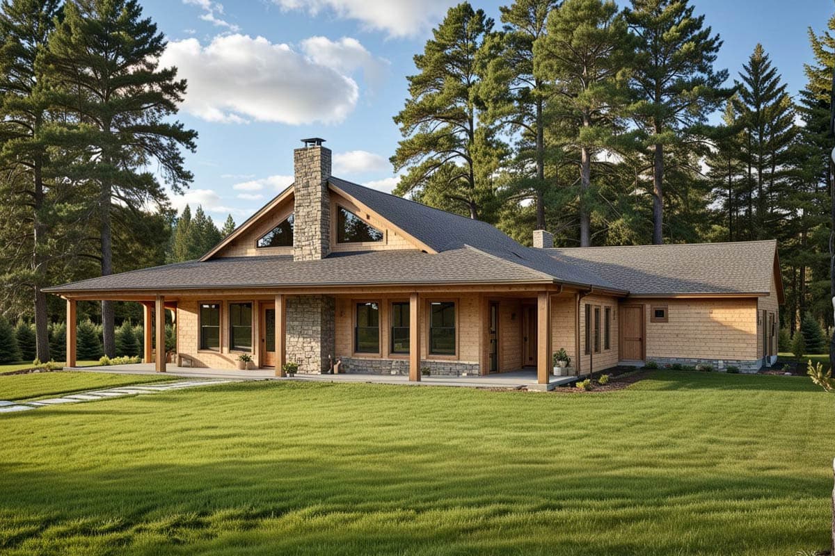 House plan exterior with a prominent stone chimney, large front porch, and a steeply pitched roof with a dormer window.