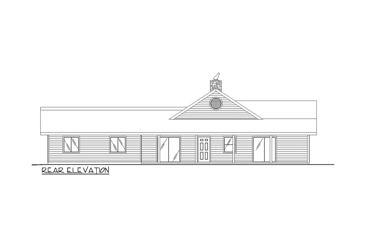 Rear elevation drawing of a house plan featuring a centered gable with a circular window and chimney.