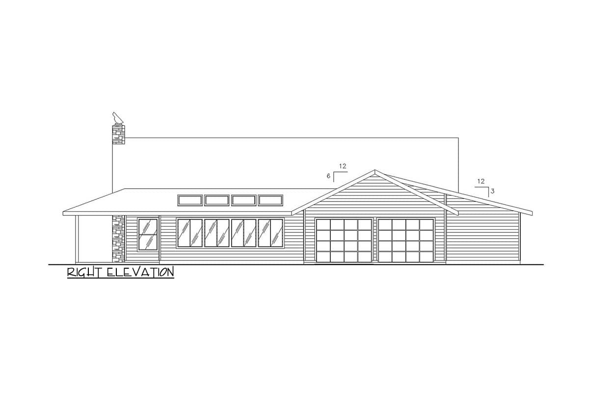 Right elevation of a house plan showing a single-story home with a gable roof, two-car garage, and chimney.