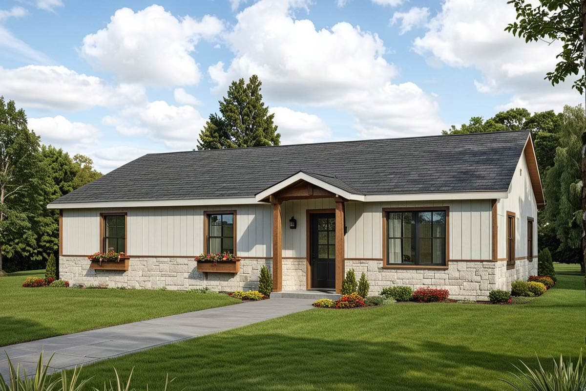 House plan exterior: Single-story home with stone foundation, vertical siding, gable roof, and covered entry with wood posts.