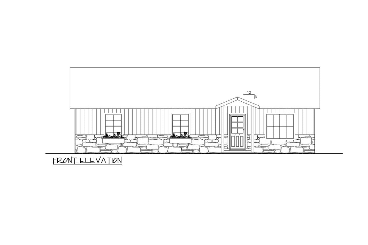 Front elevation drawing of a one-story house with stone base, vertical siding, gable roof, and three windows.