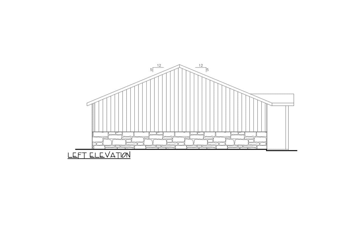 Left elevation drawing of a house with stone foundation and vertical siding, showing roof pitch.