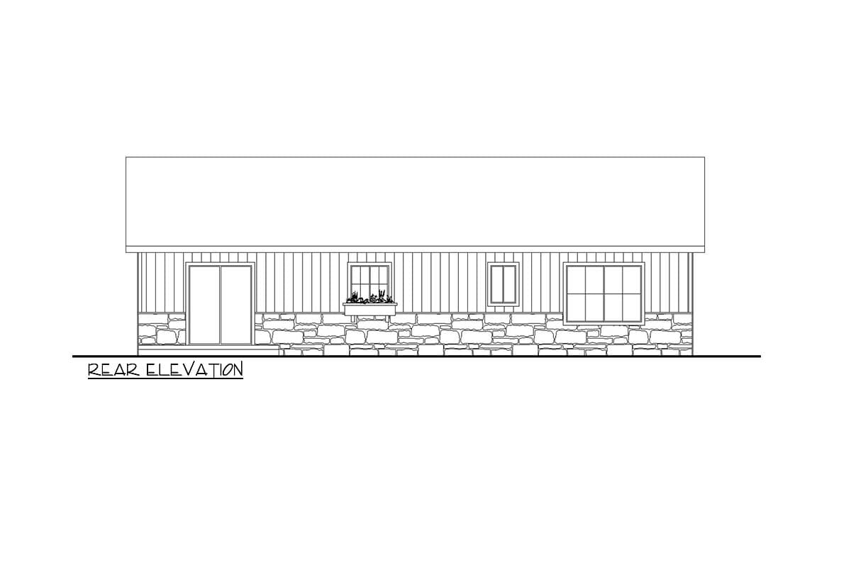 Rear elevation drawing of a house with a stone foundation, vertical siding, and a double door with three windows.