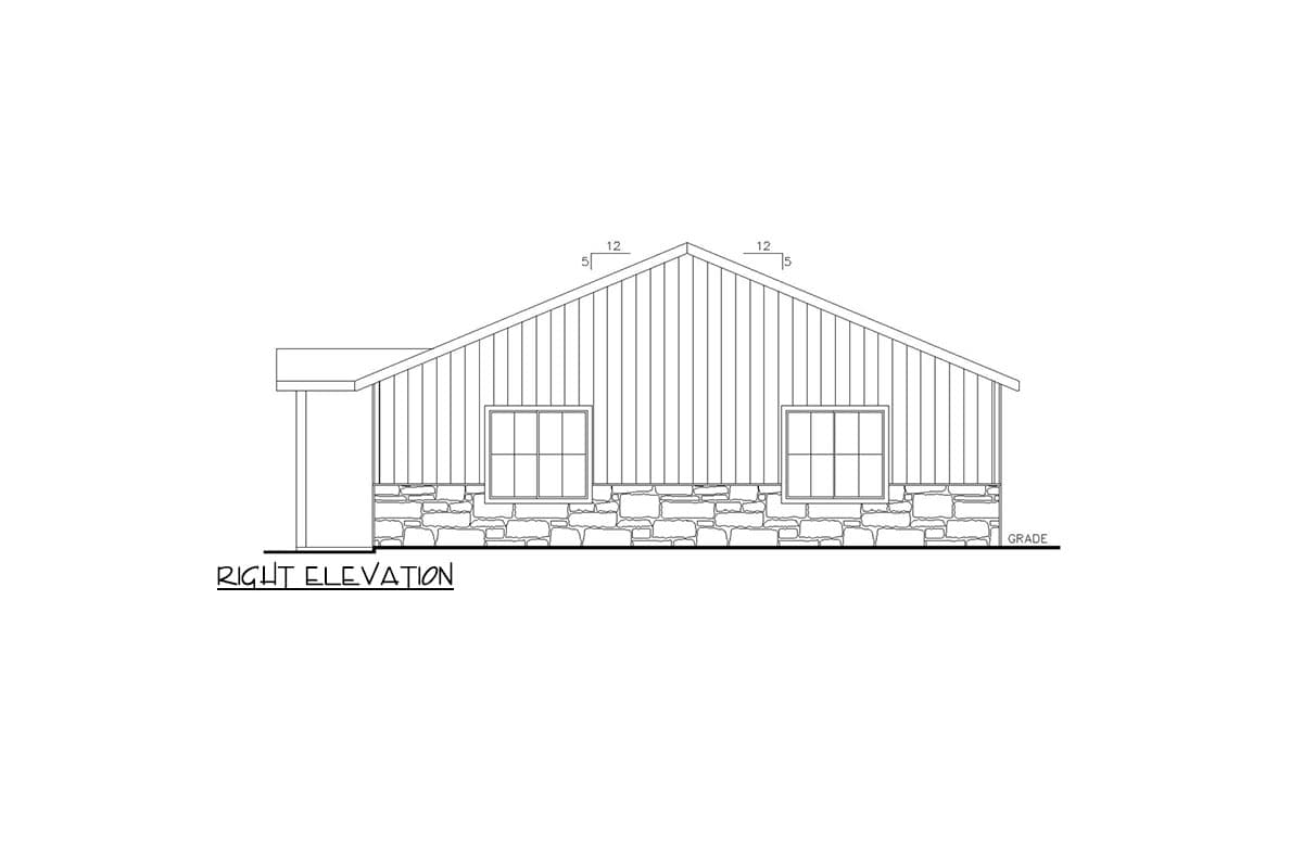 Right elevation house plan showing a gable roof, stone foundation, and two windows.