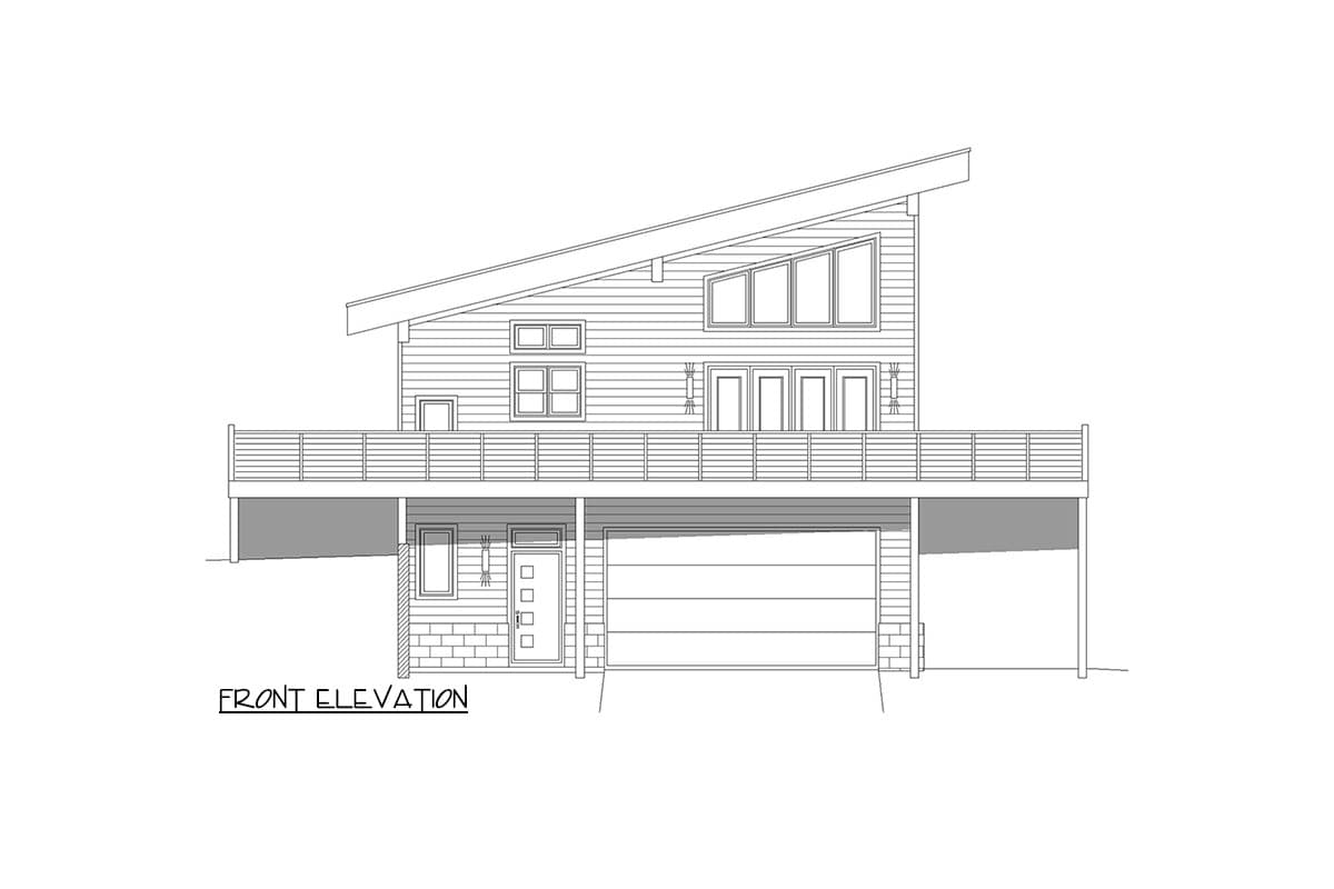 Front elevation of a modern house plan with a sloped roof, large deck, and attached garage.