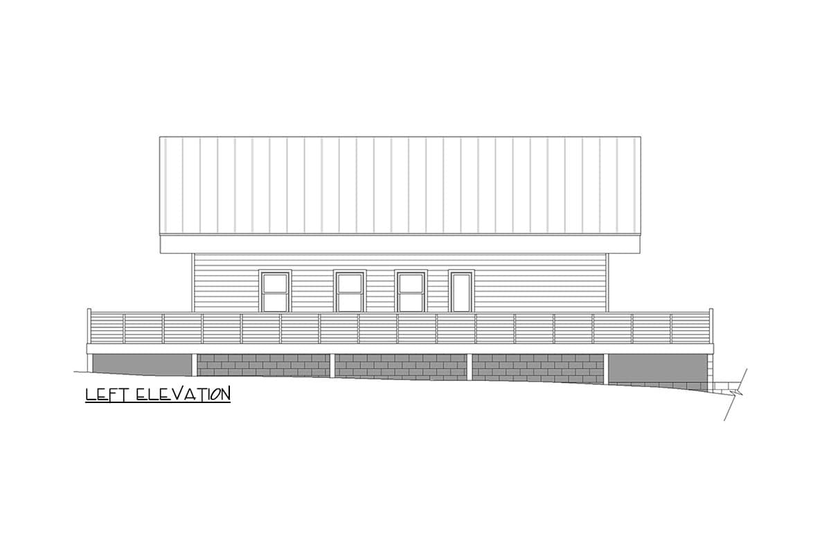 Left elevation drawing of a house plan featuring horizontal siding, a deck with railing, and a brick foundation.
