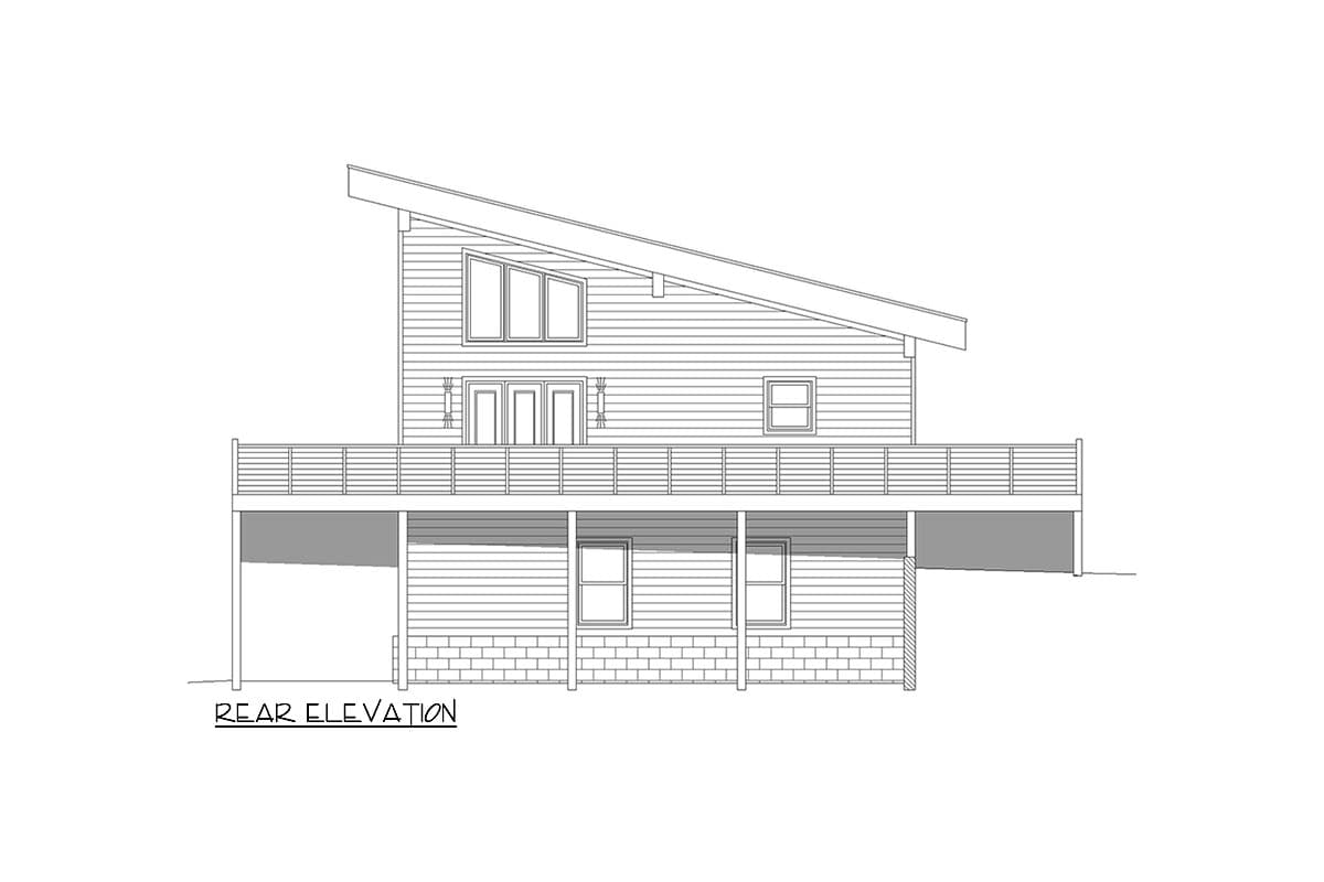 Rear elevation of a two-story house plan with a slanted roof, deck, and multiple windows.