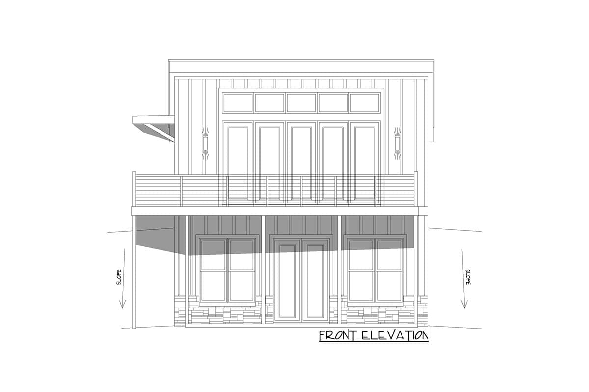 Front elevation drawing of a two-story house with stacked stone base, upper balcony, and multiple large windows and doors.
