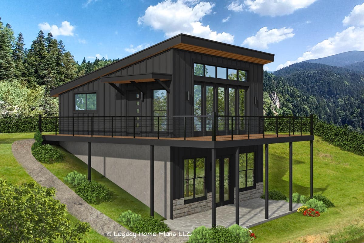 House plan exterior rendering. Modern style with a single-story design. Features include a flat roof, balcony, and large windows with black trim.