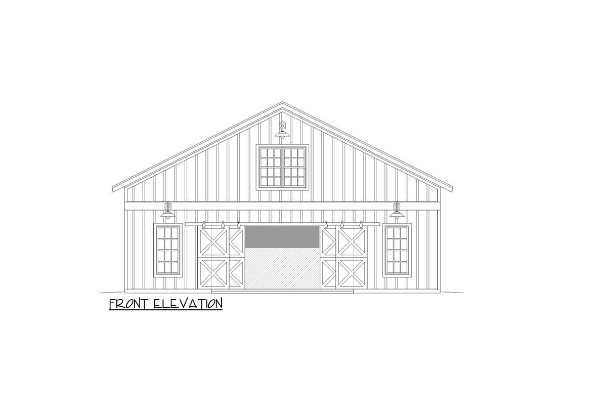 Front elevation drawing of a house with vertical siding, gable roof, two windows, and two large sliding barn doors.