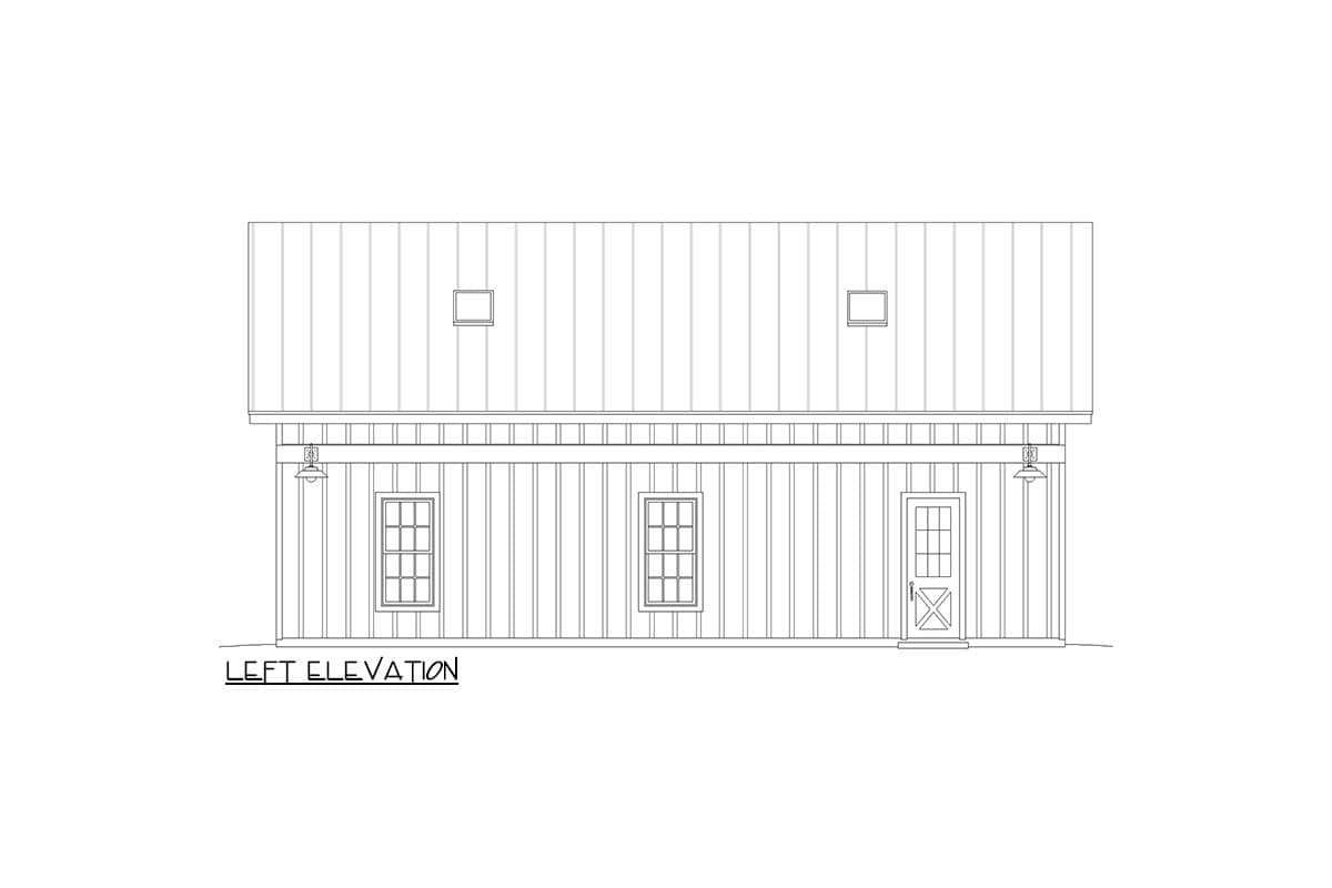 Left elevation drawing of house plan with vertical siding, two windows, a door, and two dormers on a metal roof.