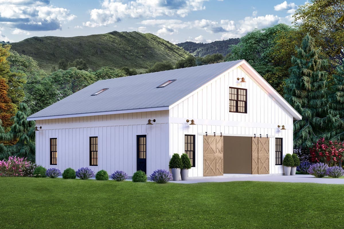 House plan exterior. A one-story barn style building with a gable roof, metal roof, sliding barn doors, and multiple windows.