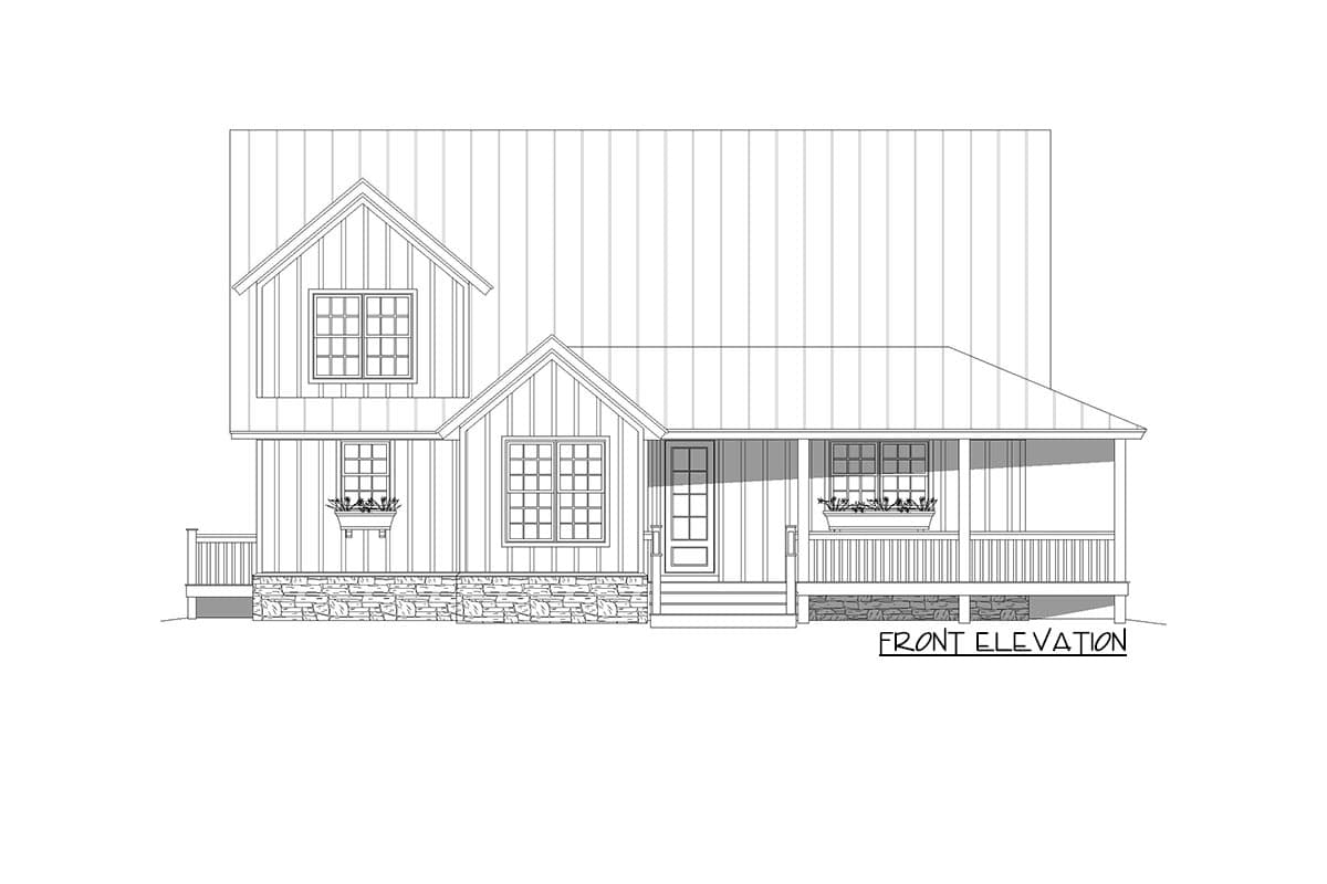Front elevation drawing of a two-story house plan with vertical siding, stone foundation, gabled dormer, and covered porch.