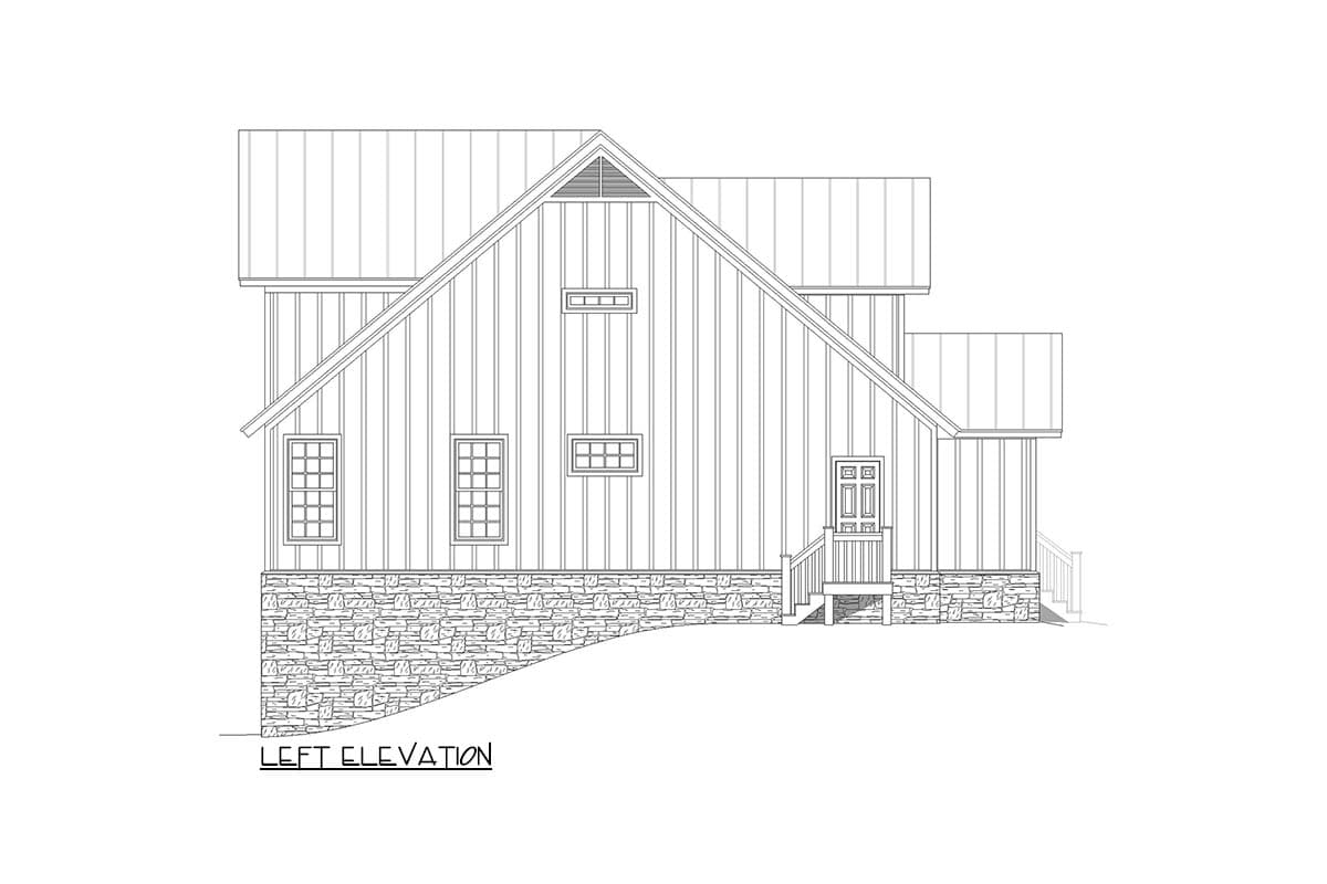 Left elevation house plan featuring board and batten siding, stone foundation, gabled roof, and covered entry.
