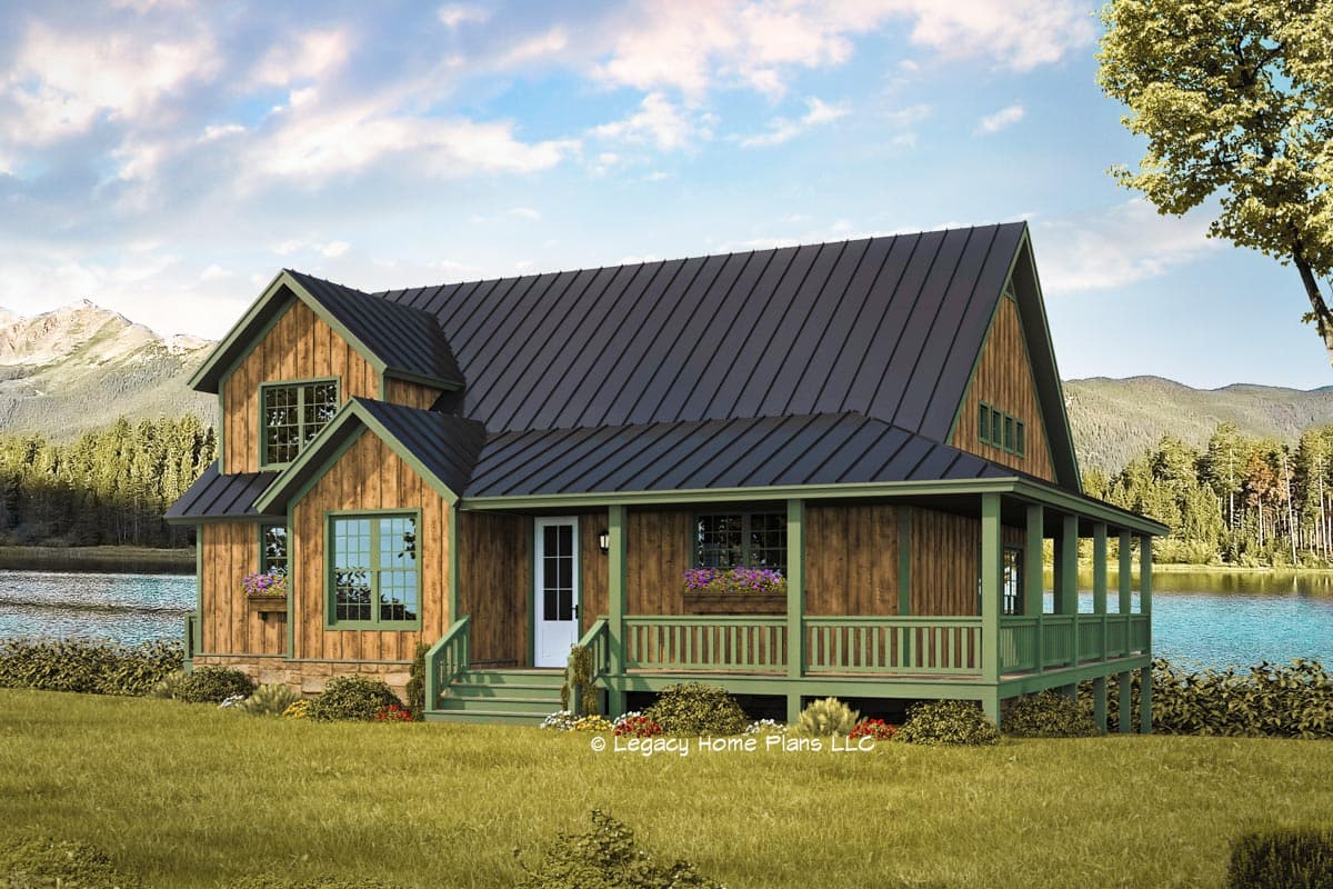 House plan exterior with wood siding, metal roof, and covered porch. Features include gables, dormers, and a raised foundation.