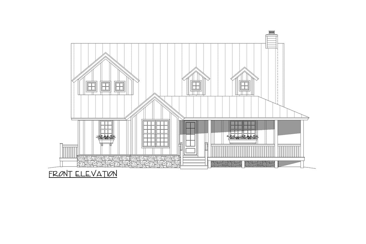 Front elevation drawing of a two-story house with a metal roof, dormers, stone foundation, and a wrap-around porch.